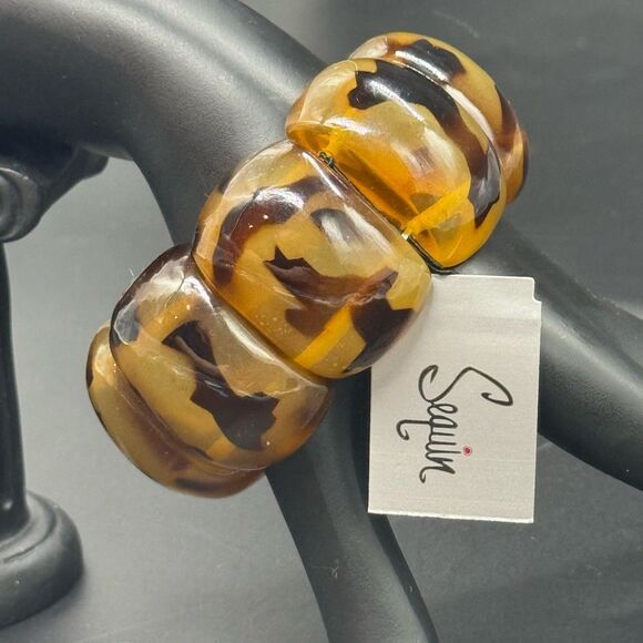 Sequin Statement Faux Tortoise Shell Lucite Wide Bangle Bracelet - Picture 2 of 8